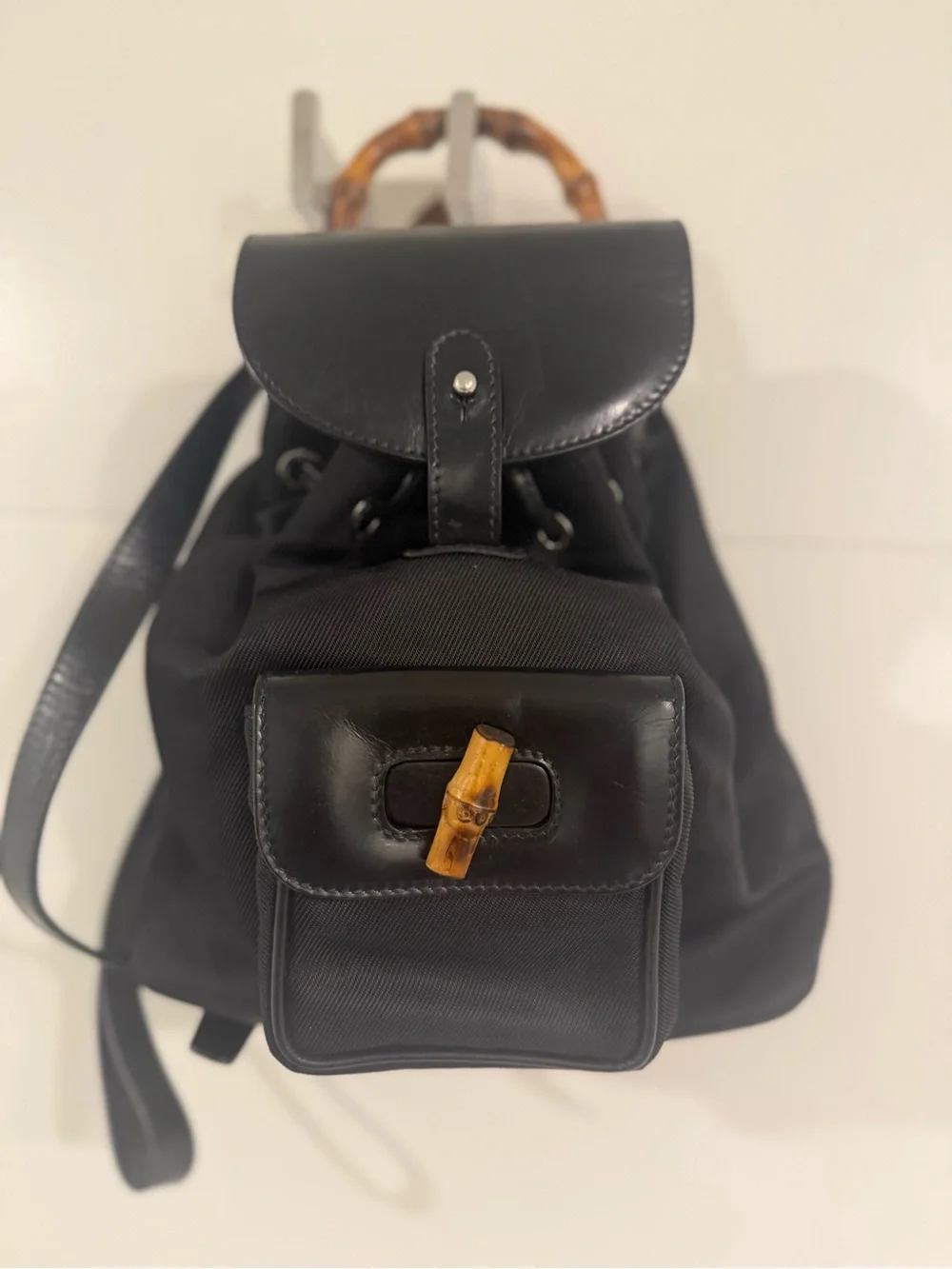 Mini Gucci Black Leather bamboo backpack with Drawstring